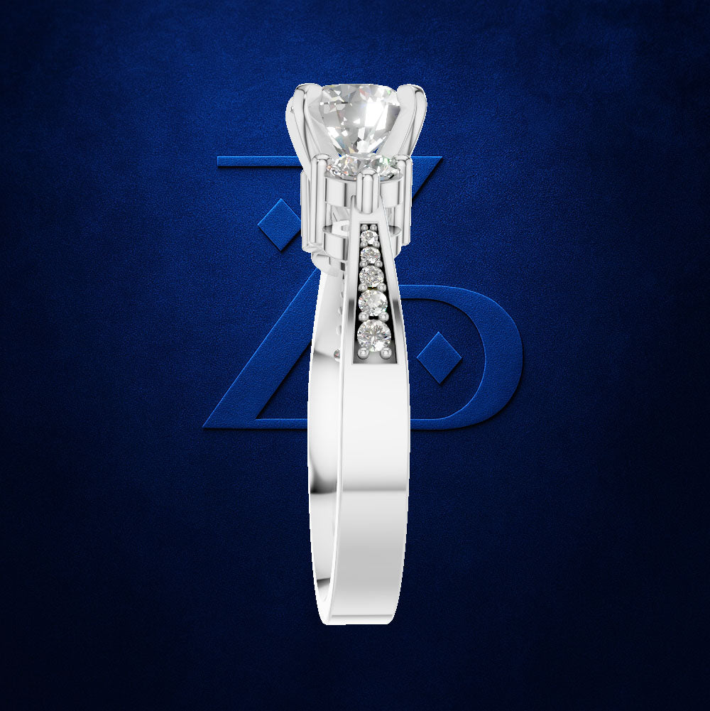 Round Diamond Three Stone Ring with a Graduated Pave Set Diamond Band