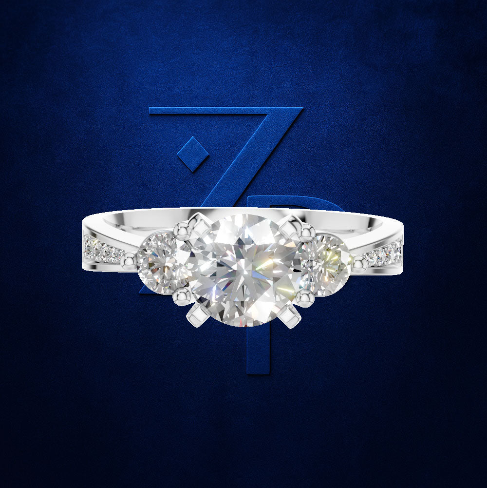 Round Diamond Three Stone Ring with a Graduated Pave Set Diamond Band