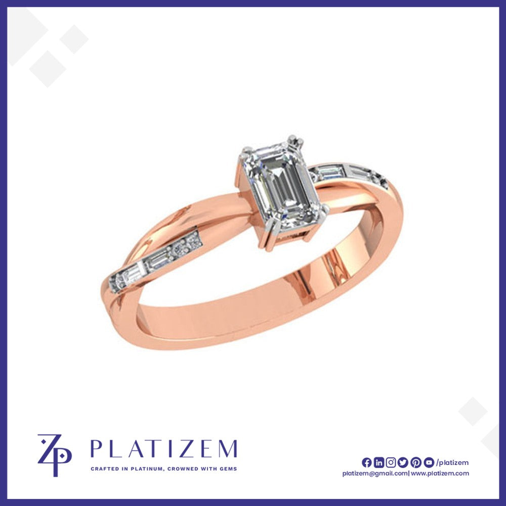 Emerald Cut Diamond Ring with Baguette Accents on a Gently Twisted Band