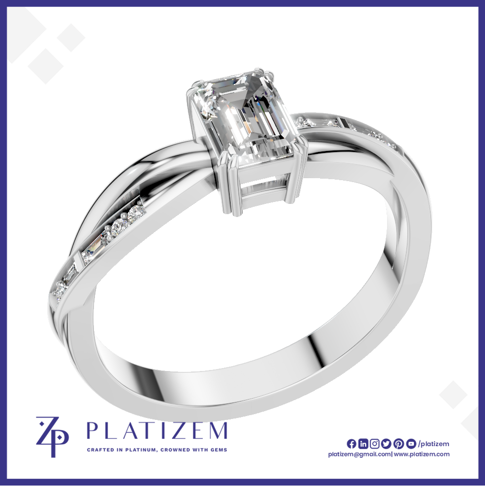 Emerald Cut Diamond Ring with Baguette Accents on a Gently Twisted Band