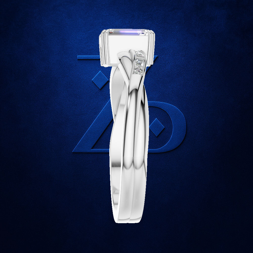 Emerald Cut Diamond Ring with Baguette Accents on a Gently Twisted Band
