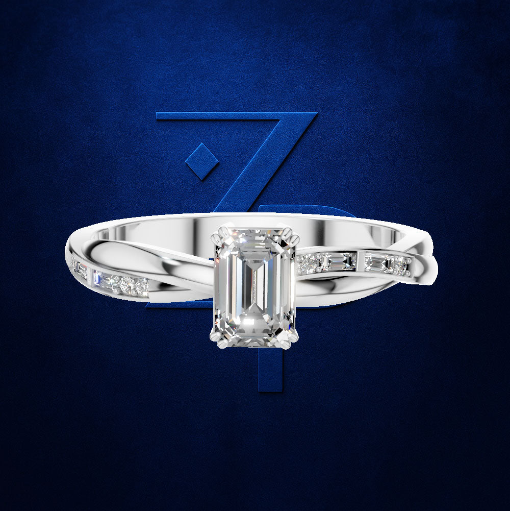 Emerald Cut Diamond Ring with Baguette Accents on a Gently Twisted Band