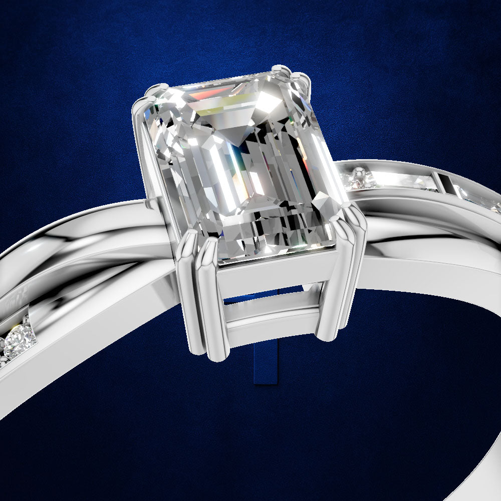 Emerald Cut Diamond Ring with Baguette Accents on a Gently Twisted Band