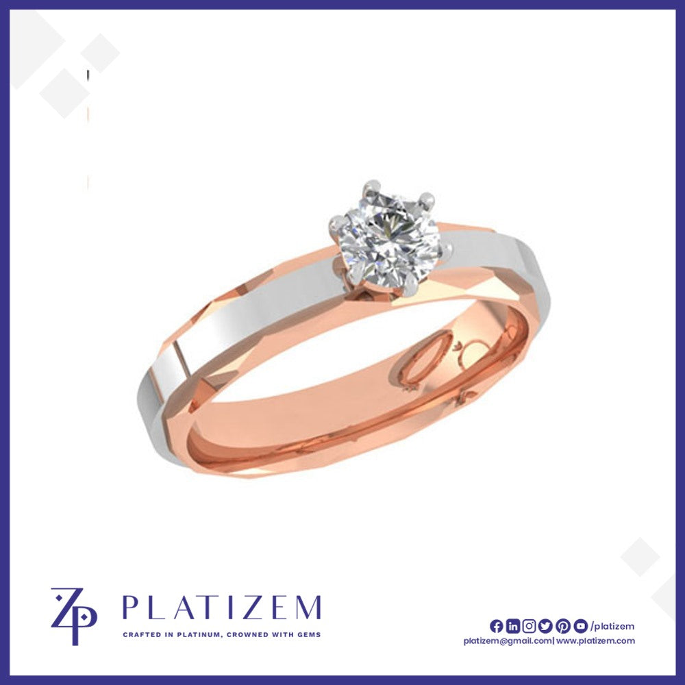 Round Diamond Ring on a Faceted Two Tone Band with a Center Stripe
