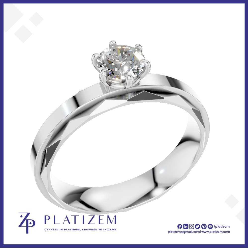 Round Diamond Ring on a Faceted Two Tone Band with a Center Stripe
