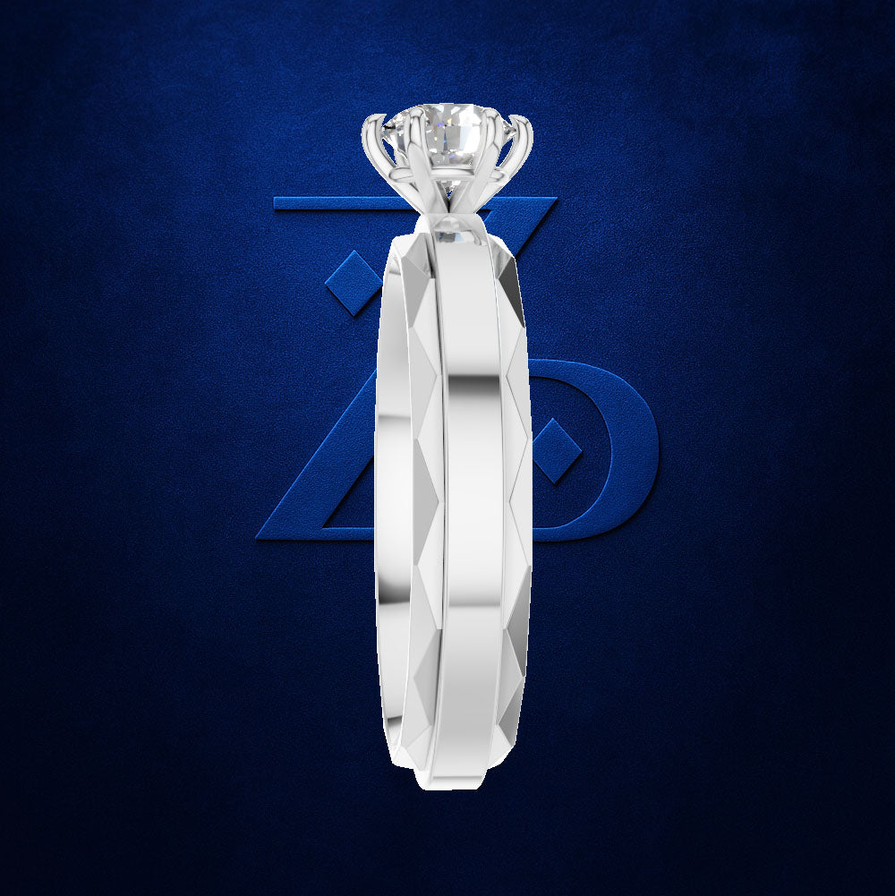 Round Diamond Ring on a Faceted Two Tone Band with a Center Stripe