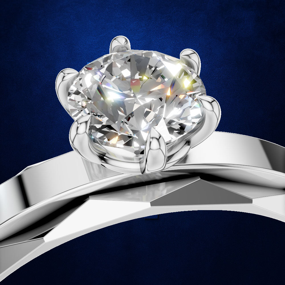 Round Diamond Ring on a Faceted Two Tone Band with a Center Stripe