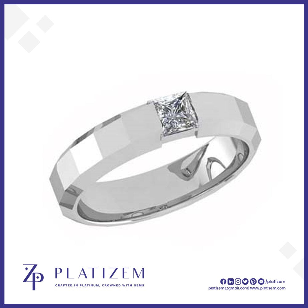 Princess Cut Diamond Ring Anchored on a Faceted Geometric Band