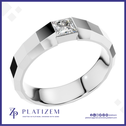 Princess Cut Diamond Ring Anchored on a Faceted Geometric Band