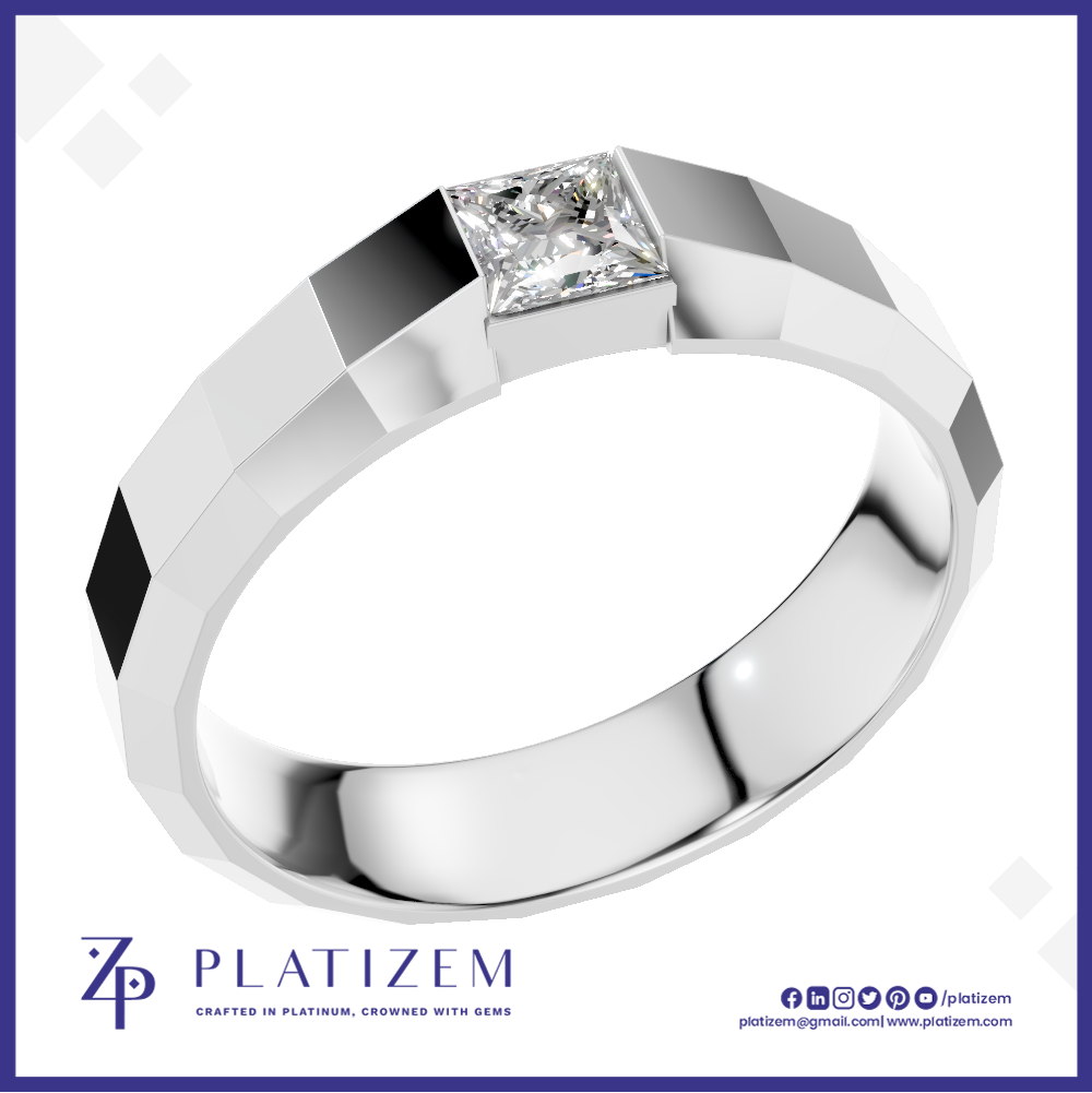 Princess Cut Diamond Ring Anchored on a Faceted Geometric Band