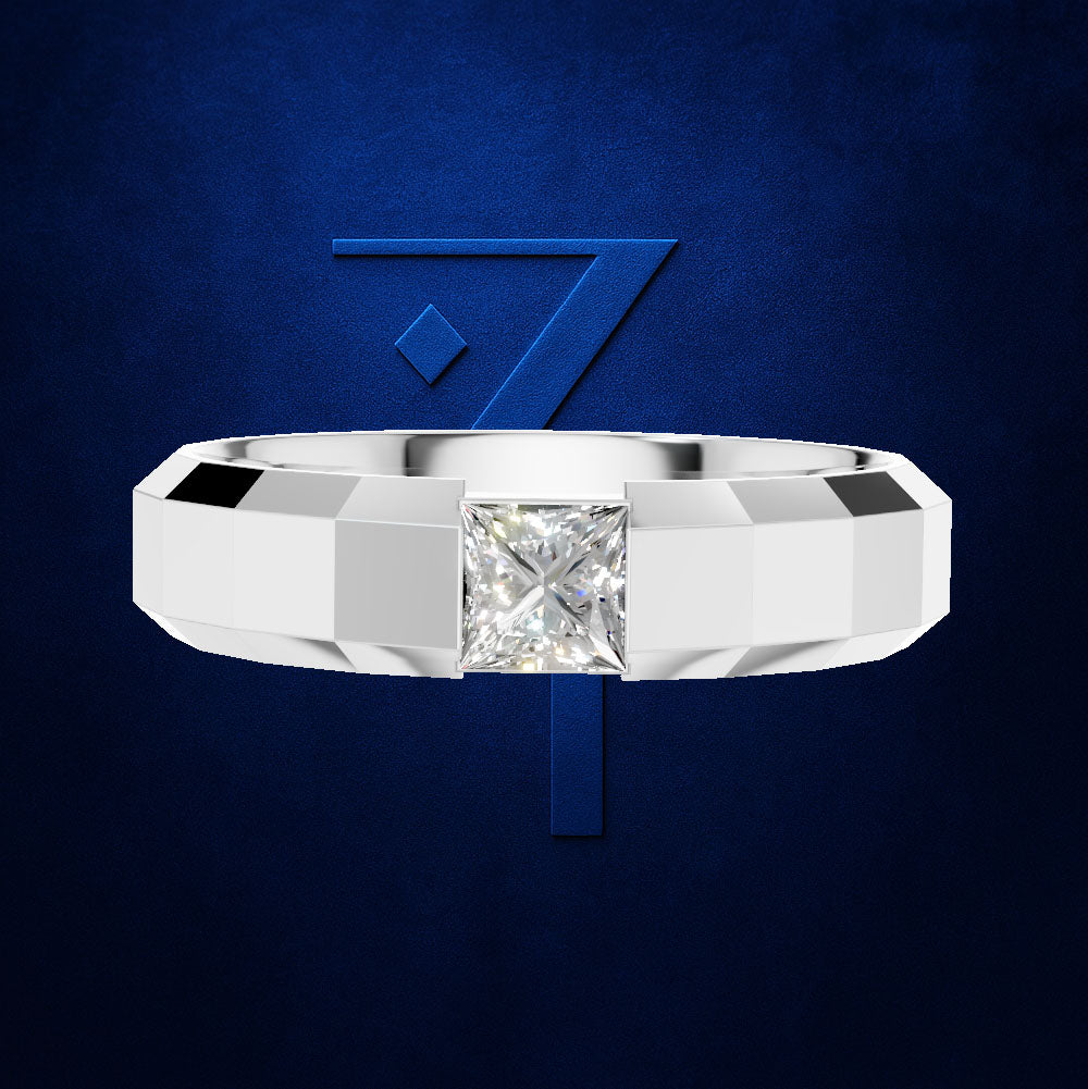 Princess Cut Diamond Ring Anchored on a Faceted Geometric Band