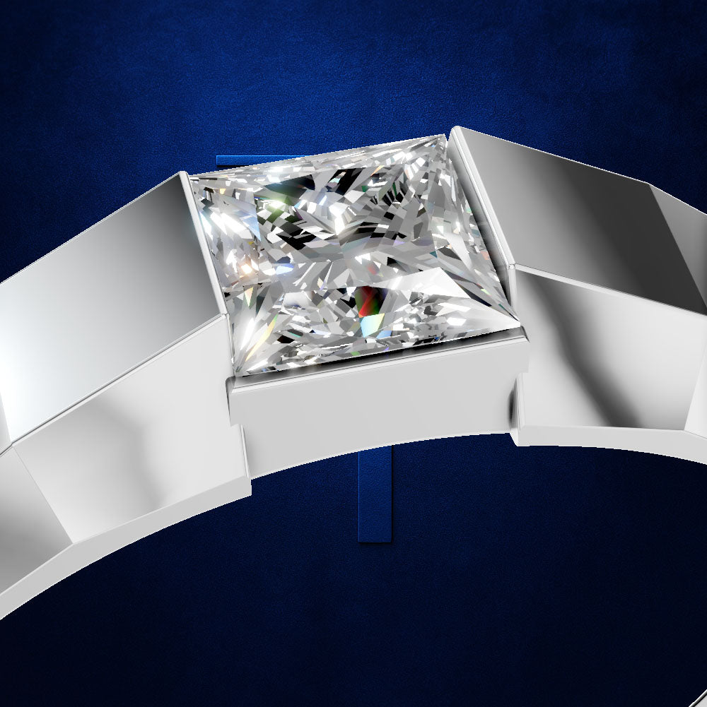 Princess Cut Diamond Ring Anchored on a Faceted Geometric Band