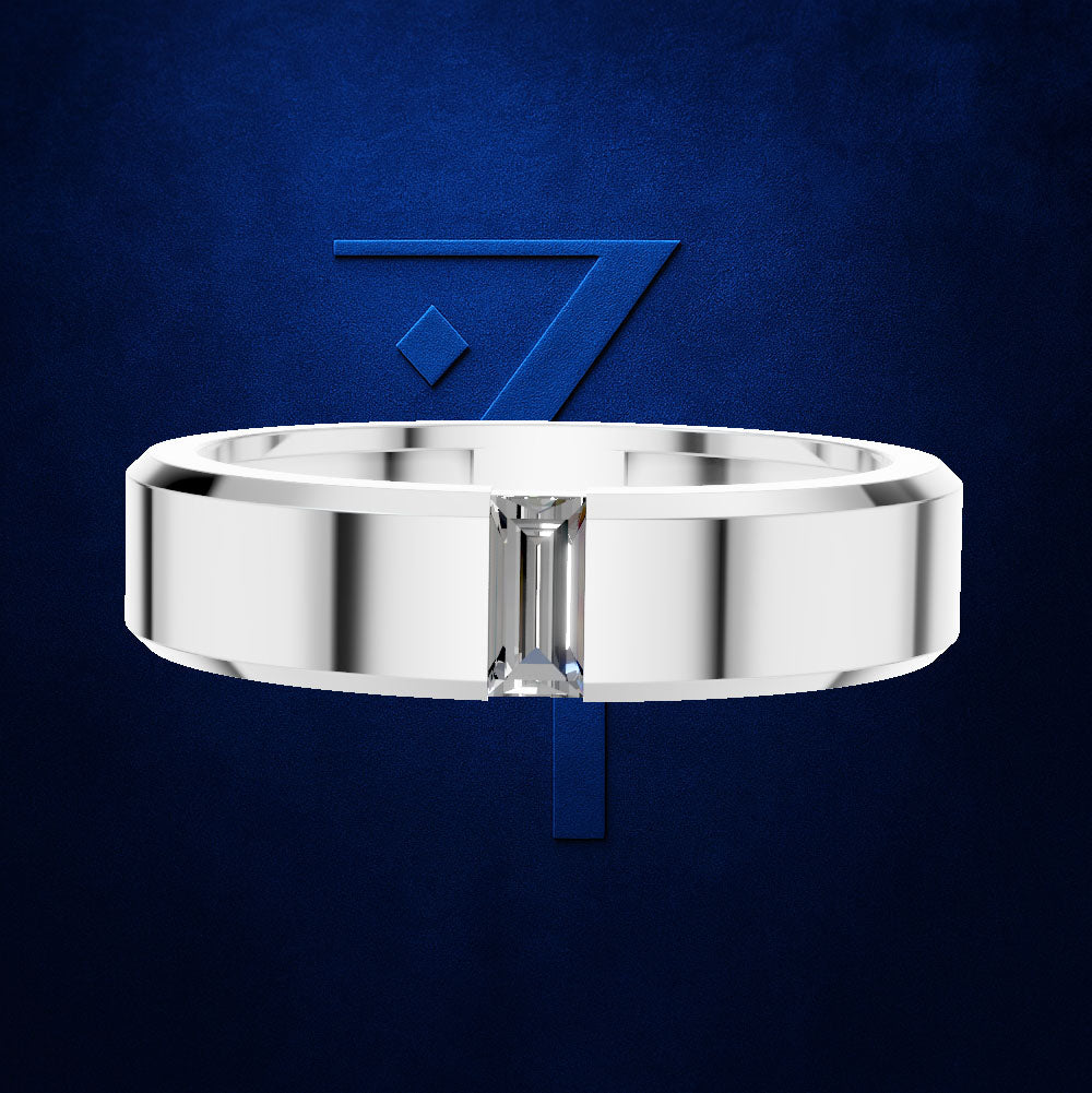 Baguette Diamond Wedding Band Set Flush Within a Beveled Edge Profile