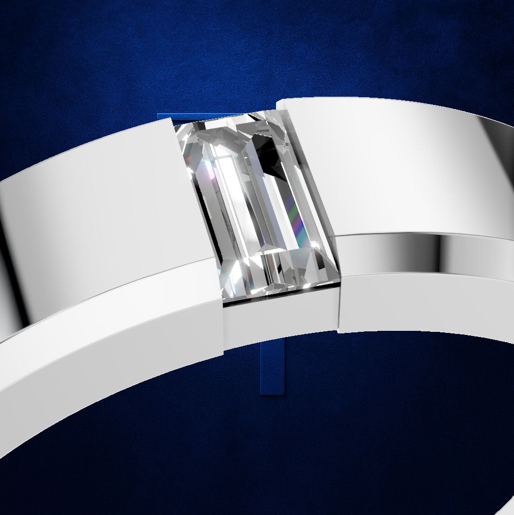 Baguette Diamond Wedding Band Set Flush Within a Beveled Edge Profile