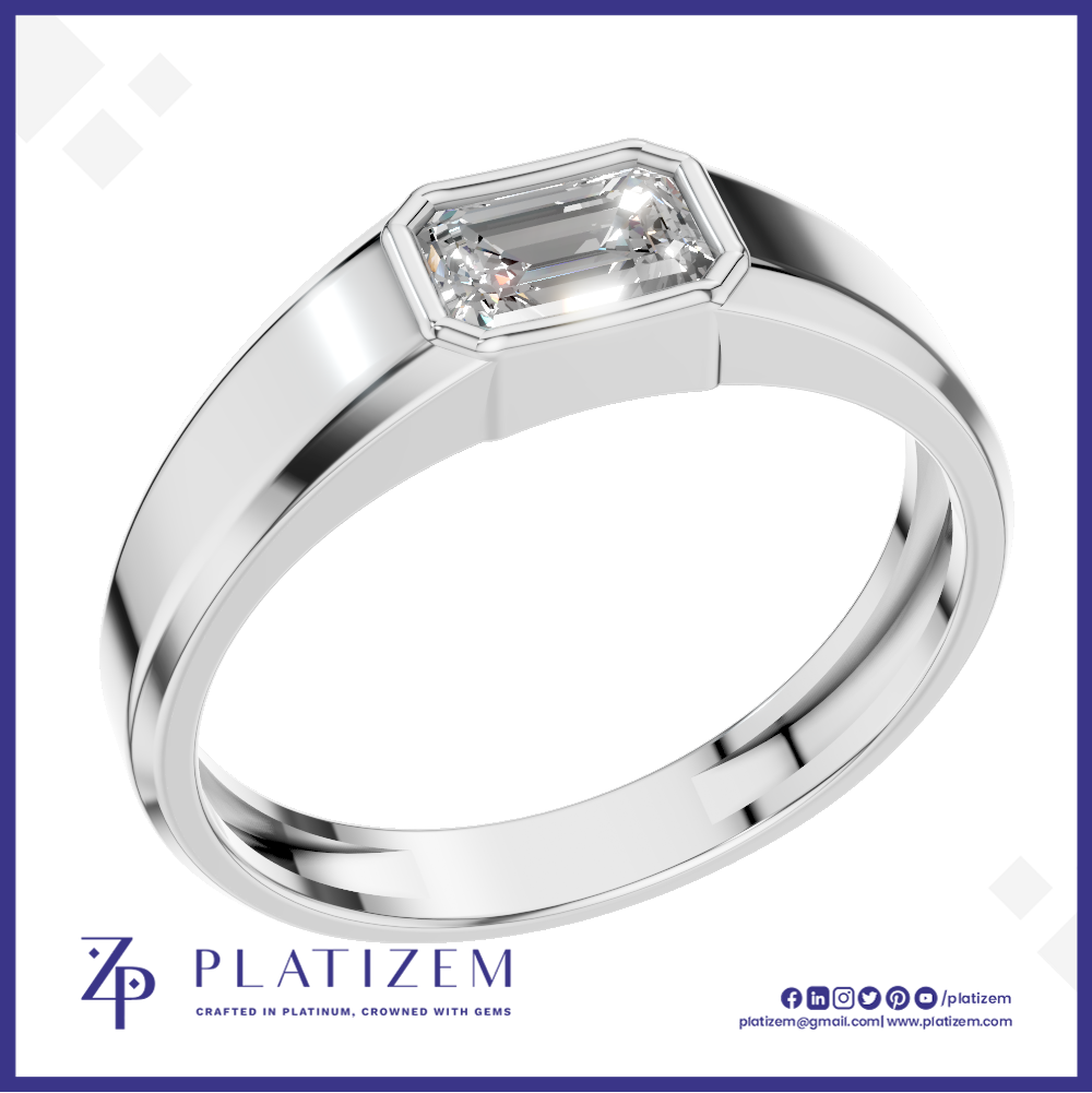 Emerald Cut Diamond Ring in a Bezel Setting on a Sleek Two Tone Band