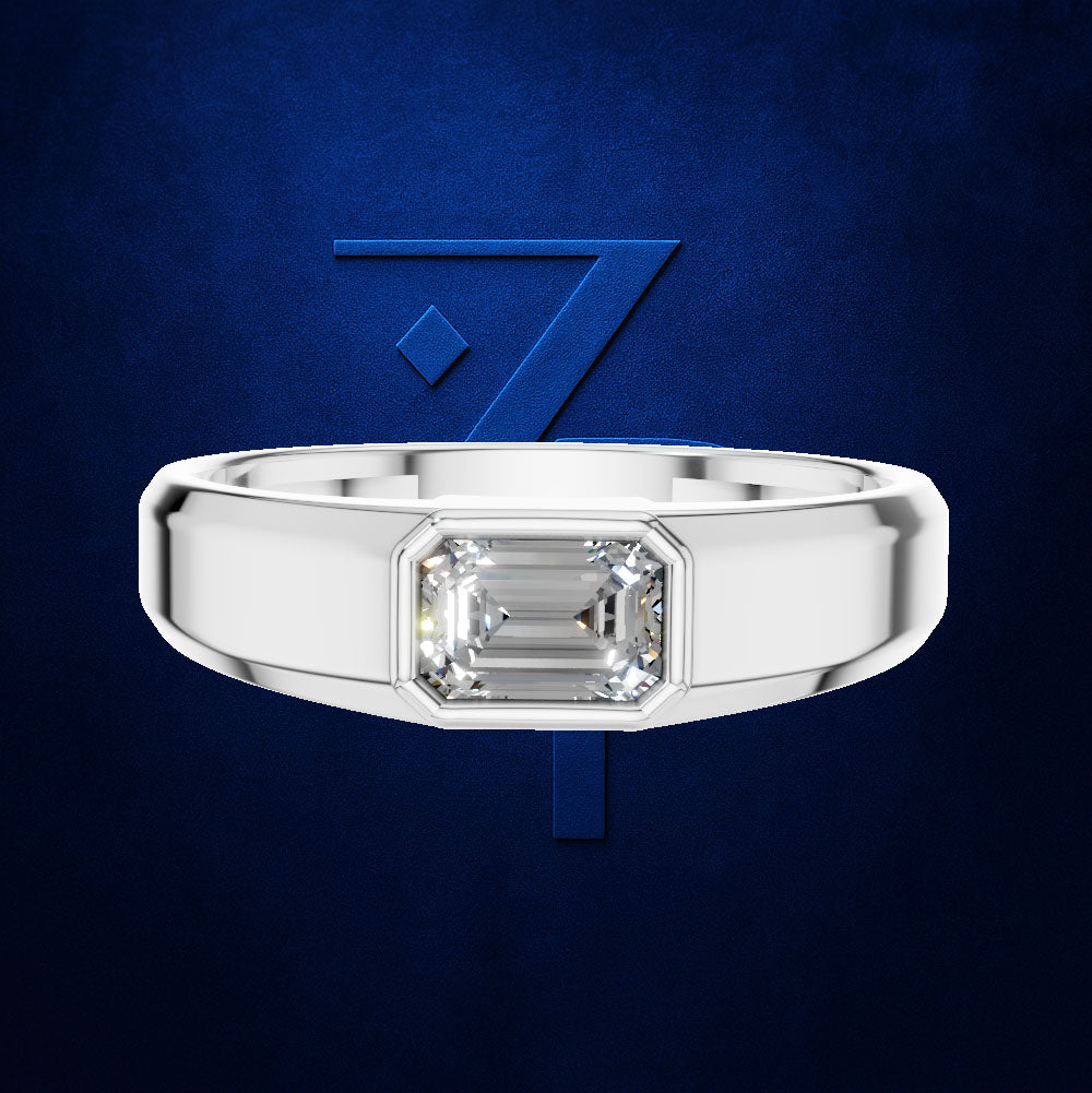 Emerald Cut Diamond Ring in a Bezel Setting on a Sleek Two Tone Band