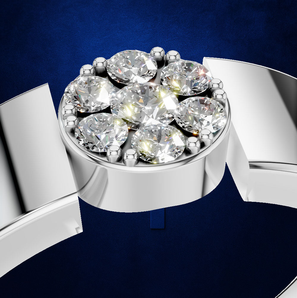 Round Diamond Cluster Ring with Flat Top Wide Band