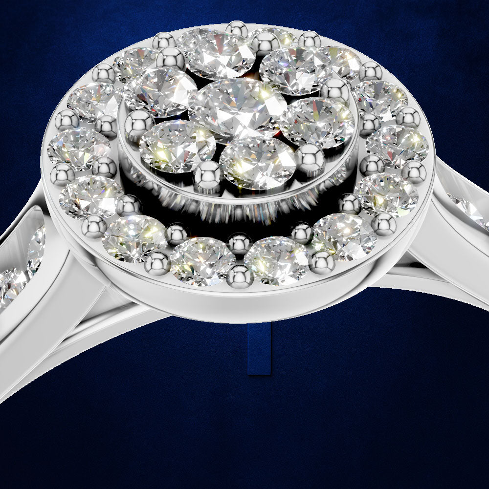 Round Cluster Diamond Ring with Pave Shoulders for Women