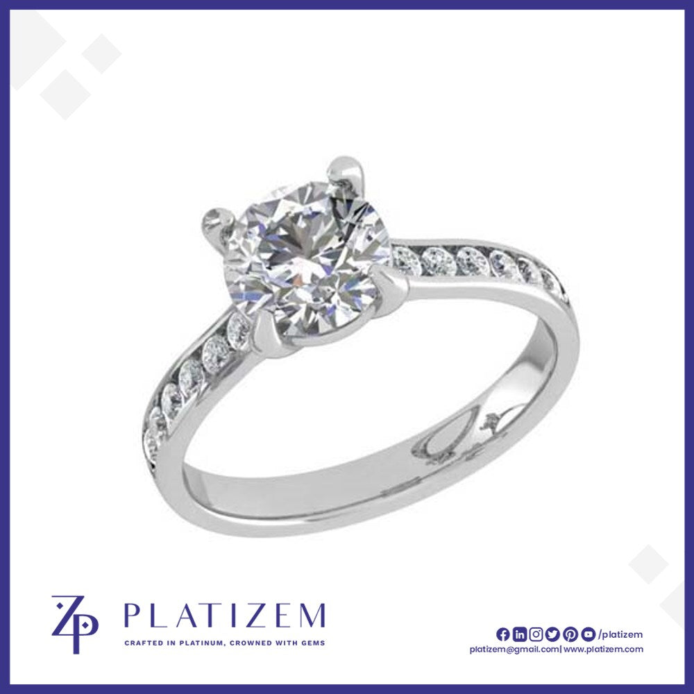 Round Solitaire Ring with Channel Set Diamond Shoulders for Women