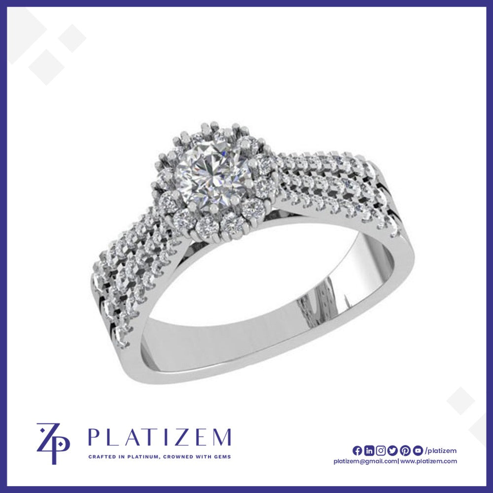 Round Halo Diamond Ring with Triple Row Shoulders for Women