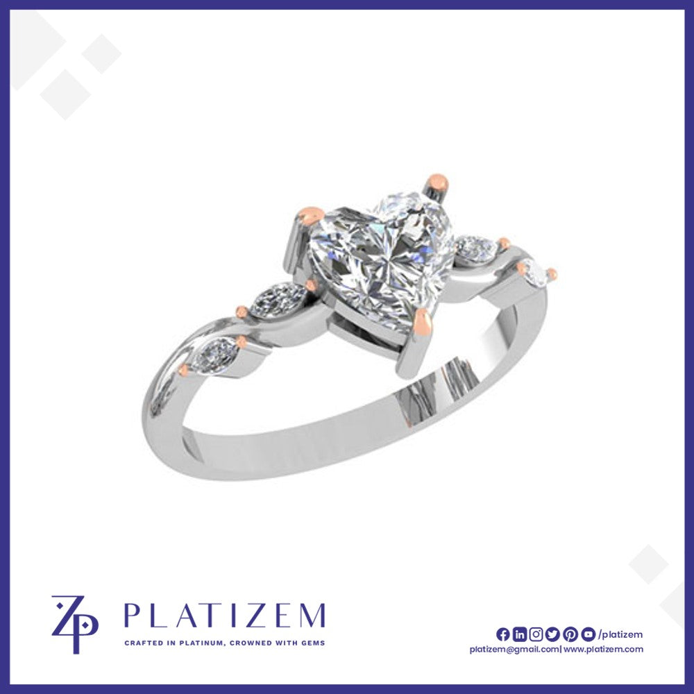 Heart Cut Diamond Ring with Marquise Diamonds on a Curved Twist Band