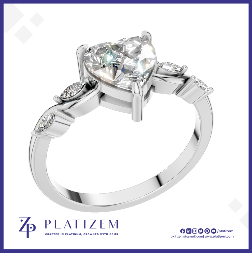 Heart Cut Diamond Ring with Marquise Diamonds on a Curved Twist Band