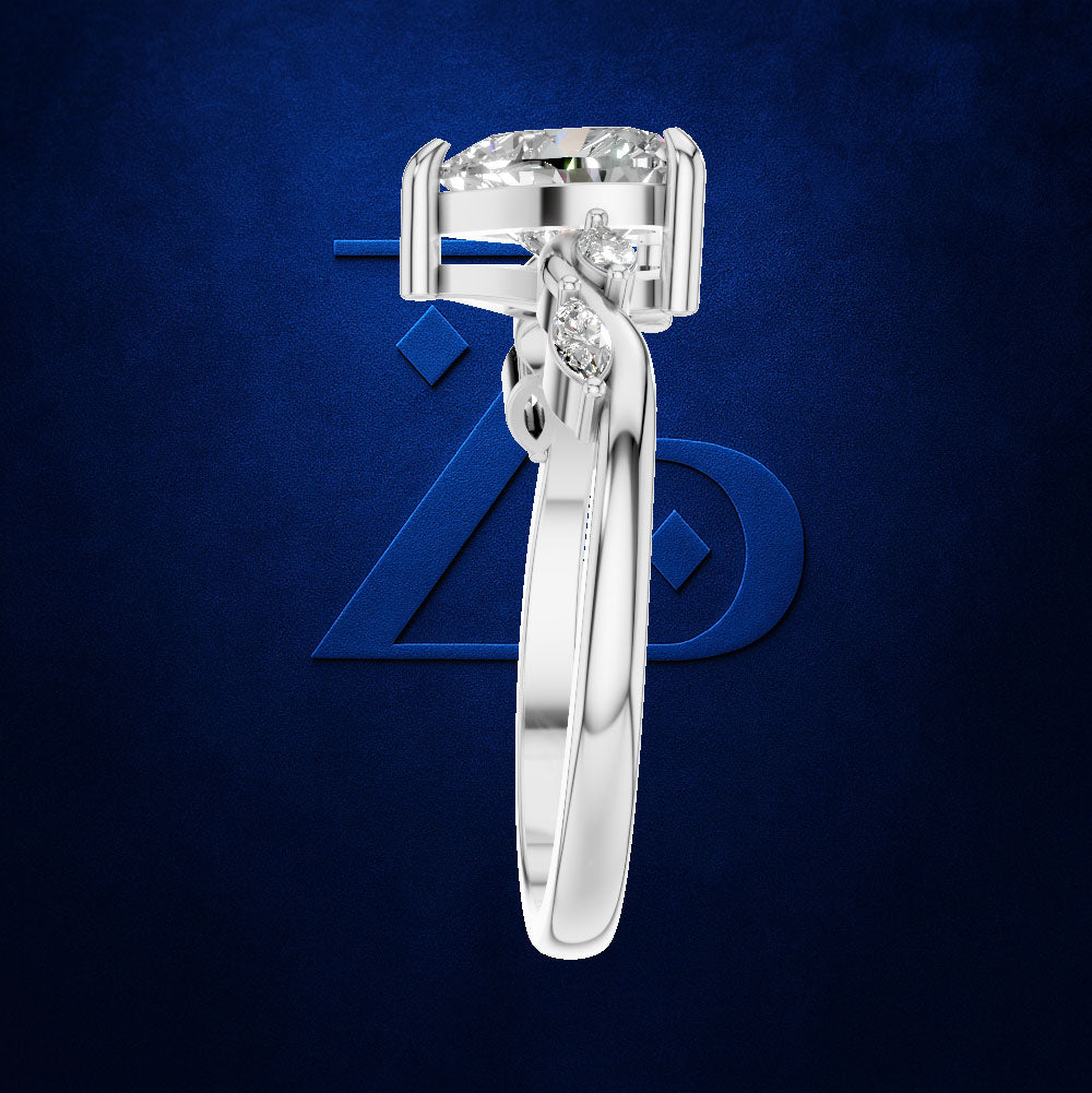 Heart Cut Diamond Ring with Marquise Diamonds on a Curved Twist Band