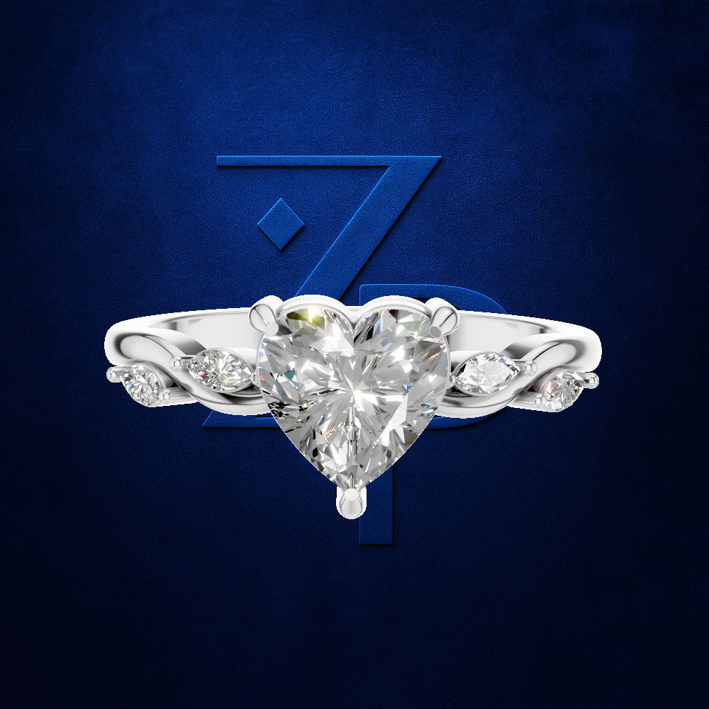 Heart Cut Diamond Ring with Marquise Diamonds on a Curved Twist Band