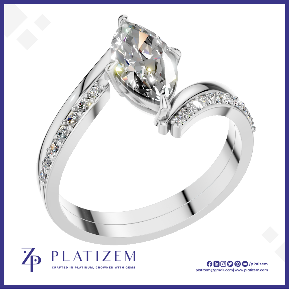 Marquise Diamond Ring on a Bypass Band Lined with Round Diamonds