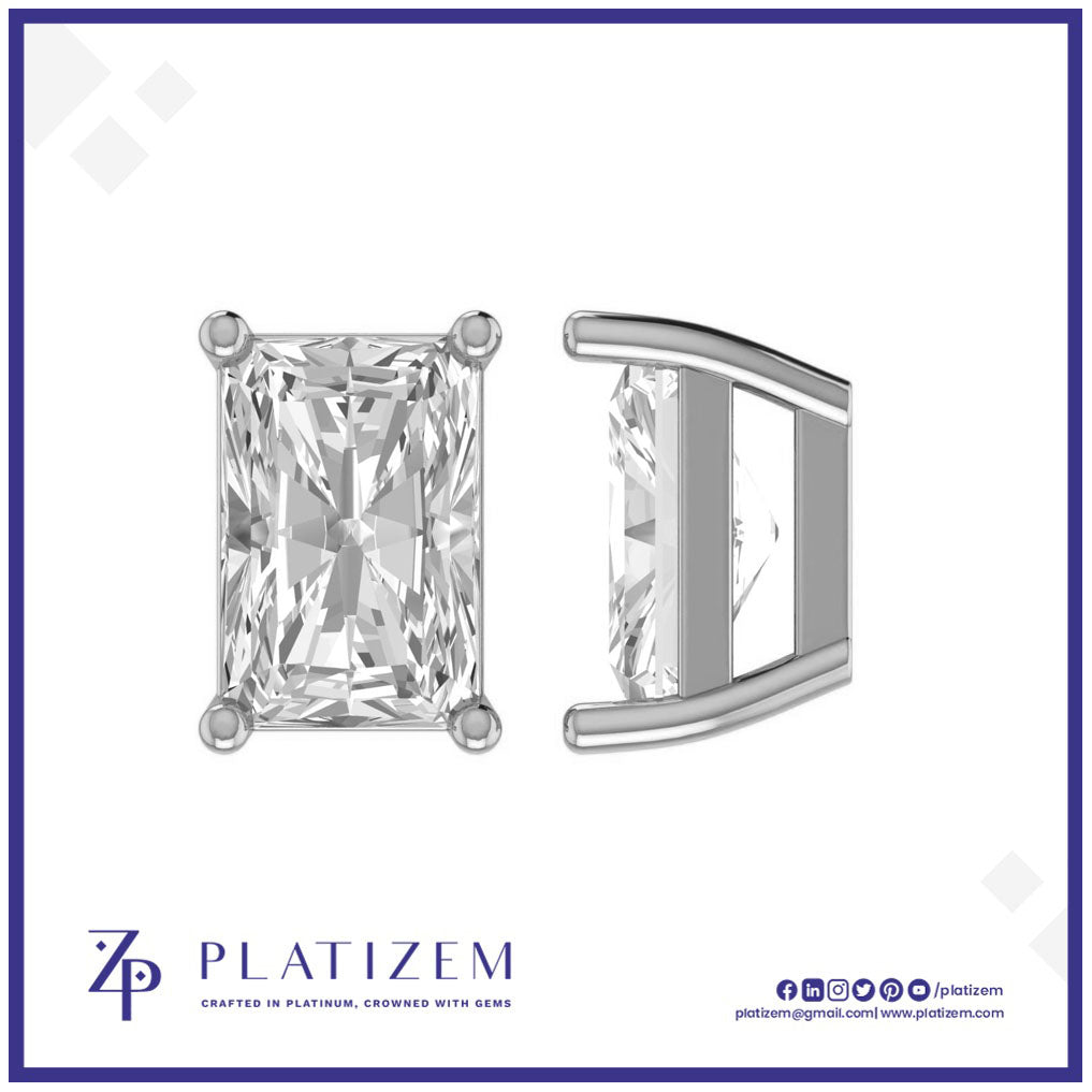 Platinum Emerald Cut Diamond Stud Earrings with Four Prong Setting