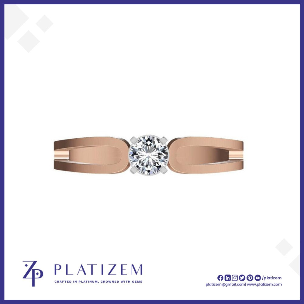 A rose gold solitaire ring with a round brilliant-cut diamond, presented on a white background with a blue border and the Platizem brand logo at the bottom.