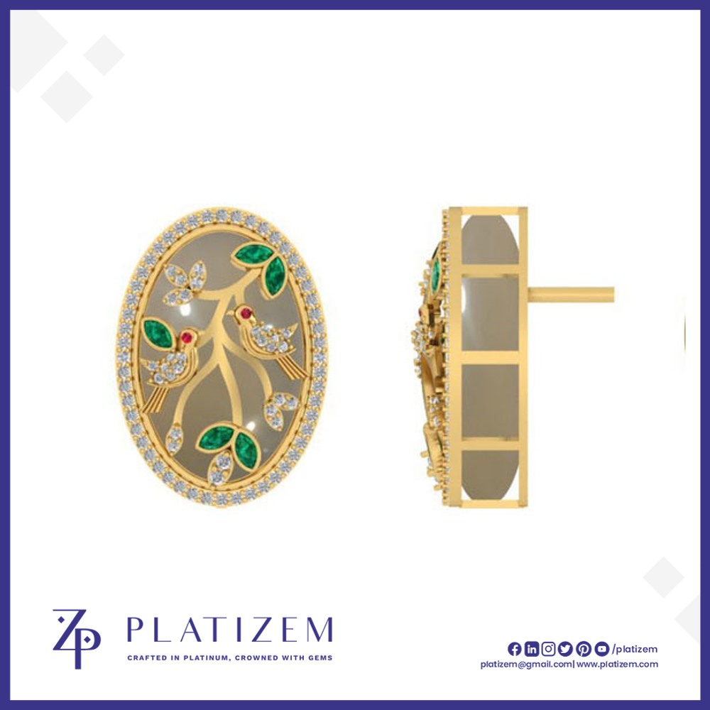 Nature Motif Diamond Emerald Oval Earrings for Women