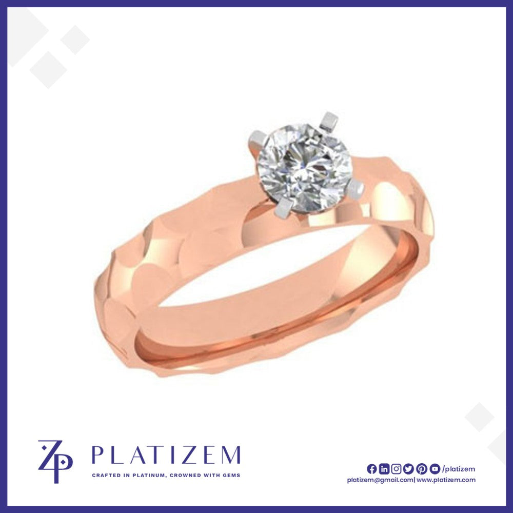 Round Diamond Solitaire Ring on a Slim Hammered Finish Rose Gold Band