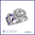 Round Halo Ring with Purple Baguette Accents