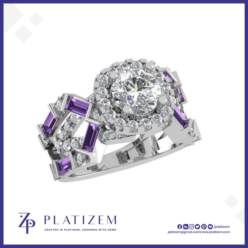 Round Halo Ring with Purple Baguette Accents