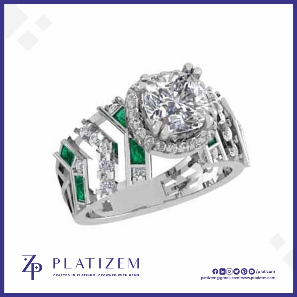 Cushion Halo Ring with Green Baguette Accents