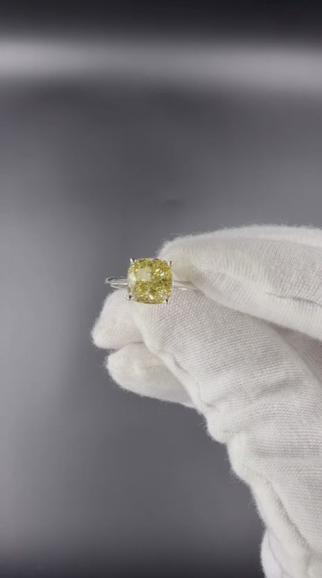 2.5 Carat Fancy Yellow Cushion Cut Lab Created Diamond Ring