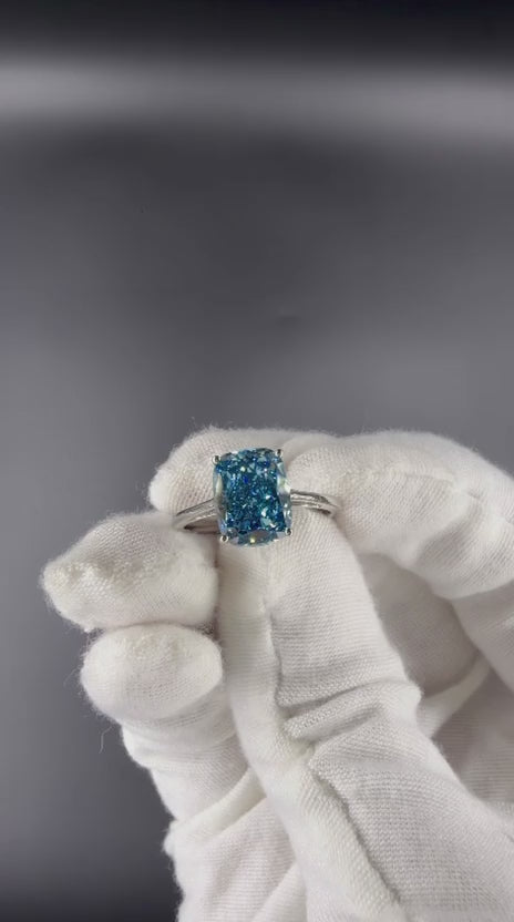 3 Carat Fancy Blue Elongated Cushion Cut Diamond Engagement Ring
