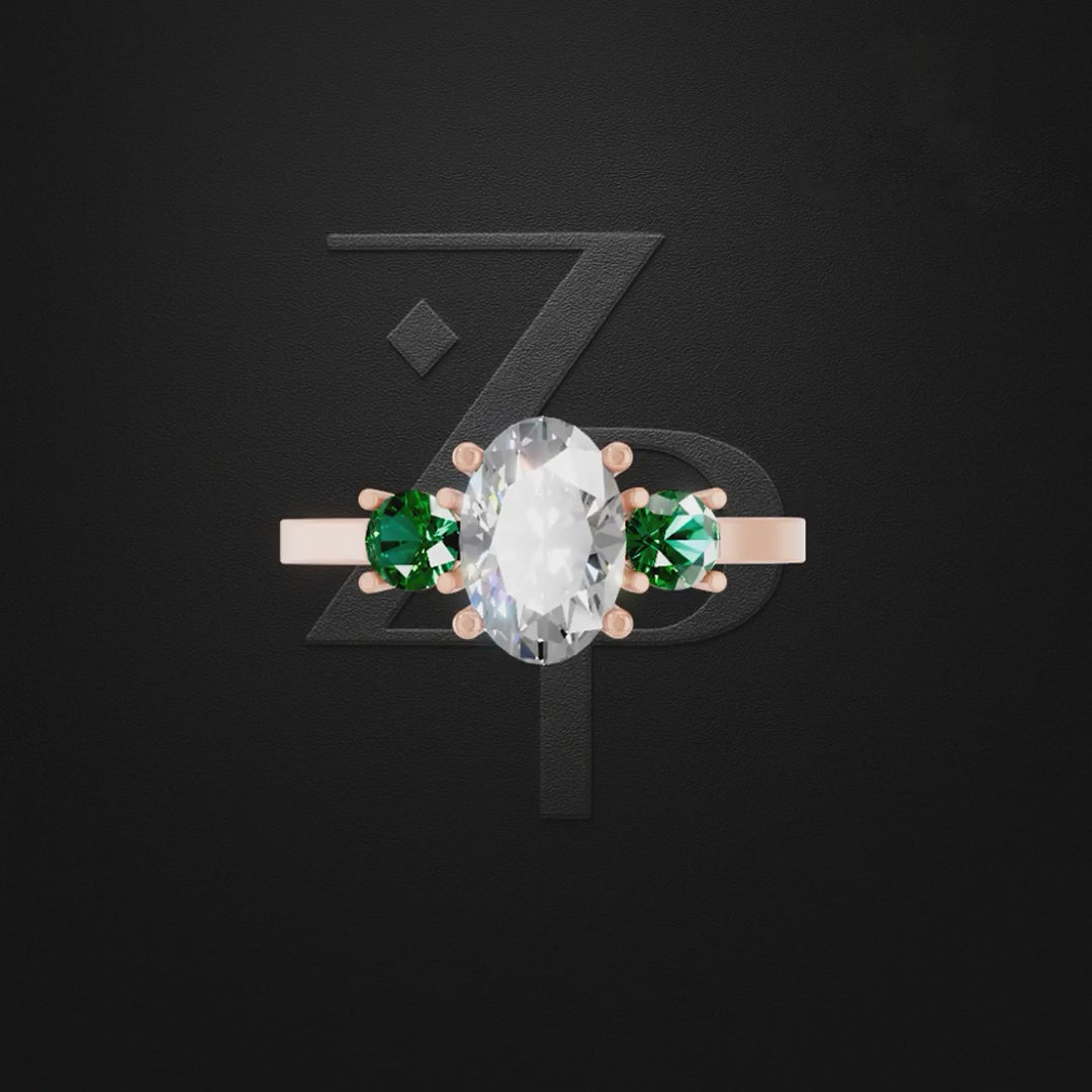 Emerald and Diamond Three Stone Engagement Ring 18K Gold Luxury Ring